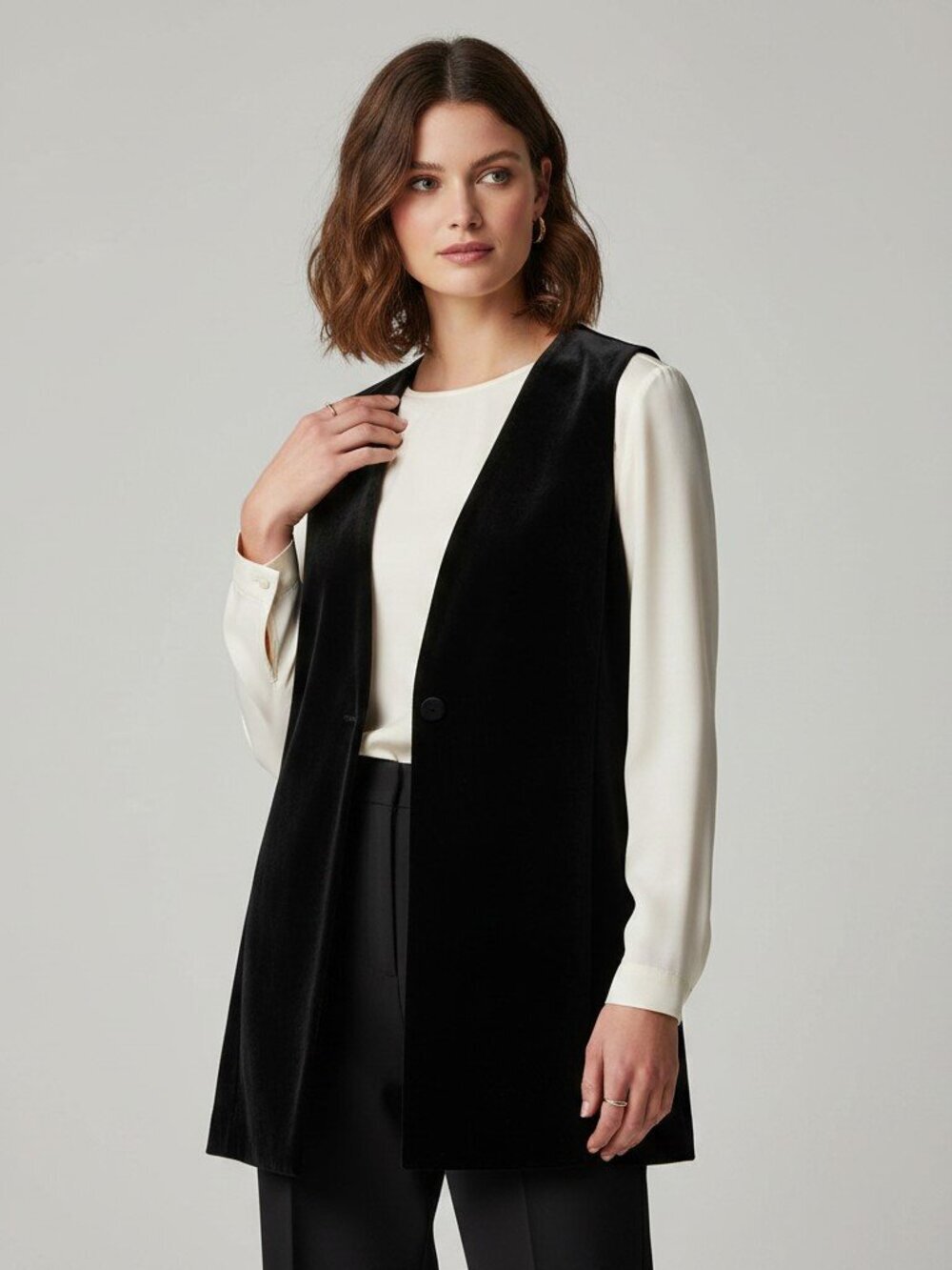 Vintage DKNY Donna Karan 90s Black Silk Velvet Longline Vest Duster Size 6